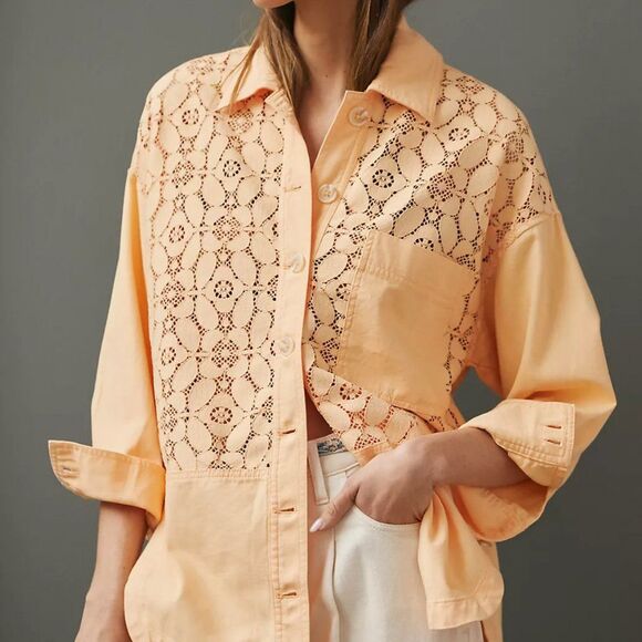 Maeve Crochet Orange-Peach Button Down Shirt XS - Picture 1 of 9